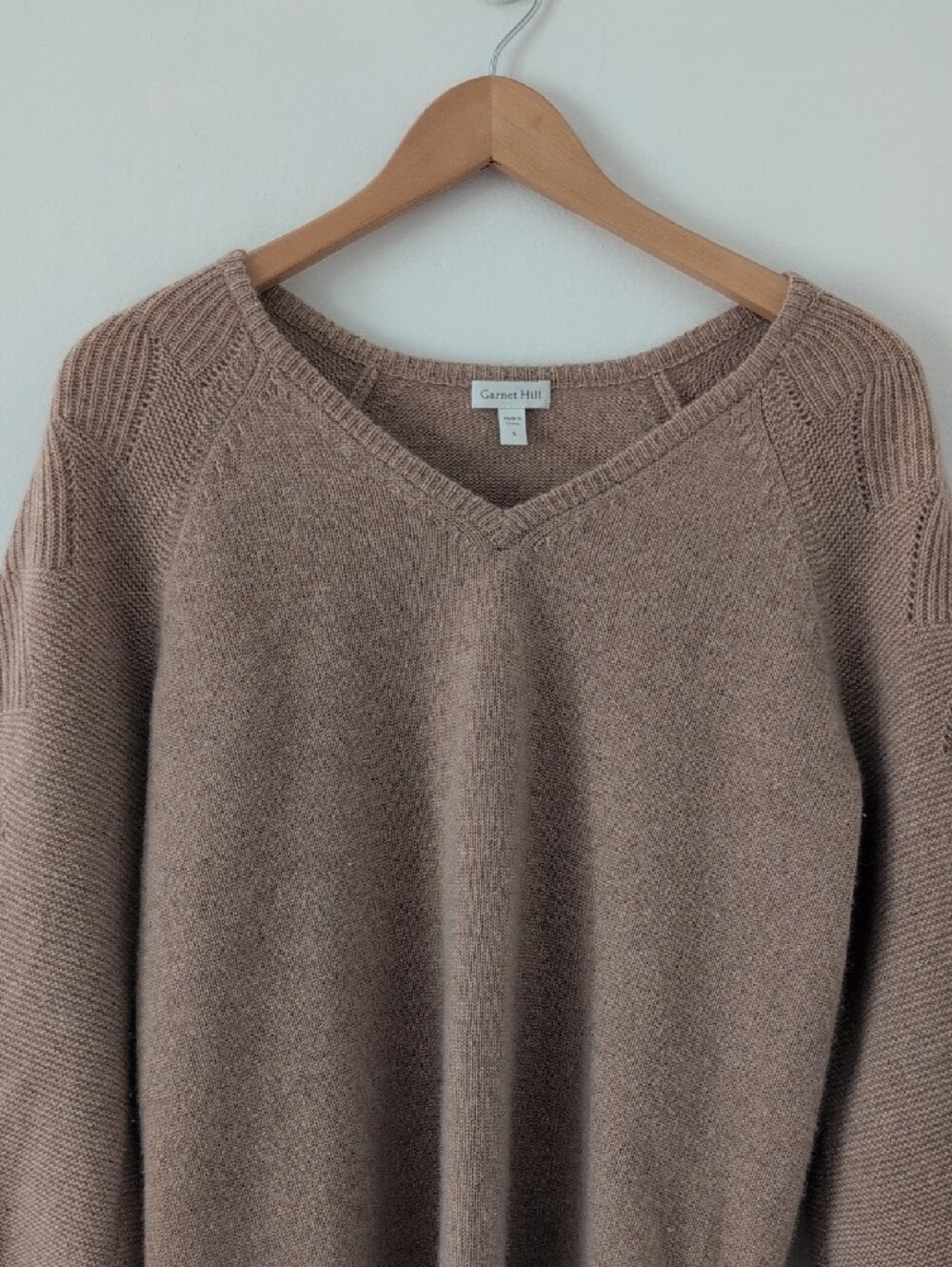 Garnet Hill Cashmere V-Neck Sweater 3/4 Sleeve Baggy Boho in Taupe Sz. Small - Picture 5 of 8